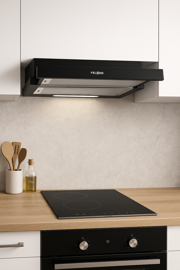 FELSEN extractor hood under white cabinets with a hob below
