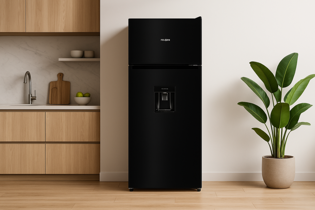 FELSEN black fridge freezer beside a plant in a modern kitchen