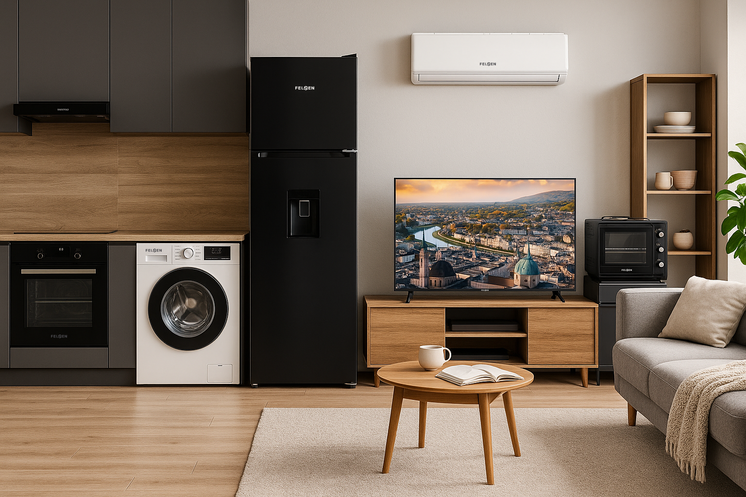 FELSEN appliances in a living room and kitchen with TV, fridge, washer, oven and hood